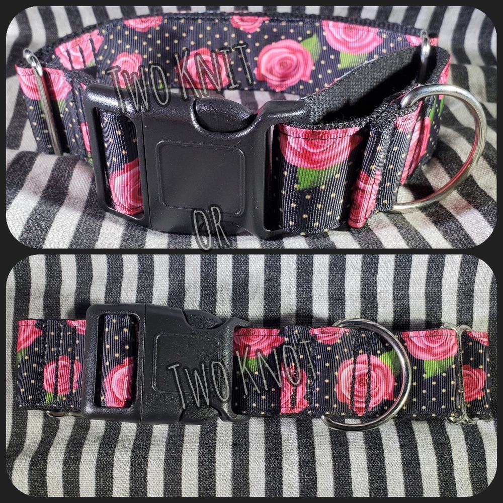 Hand Crafted Black Buckle Rose Bud Dog Farm Collar With Pink Rose Pattern NWT